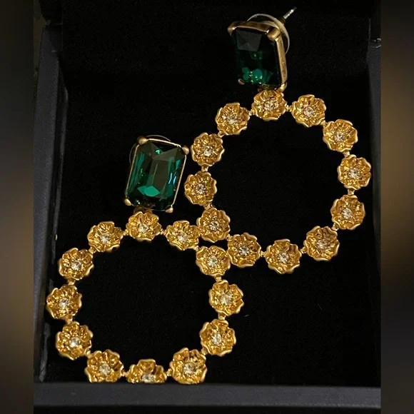 Oscar de La Renta Earrings emerald gold flowers floral Dangle drop hoops signed - Picture 5 of 14